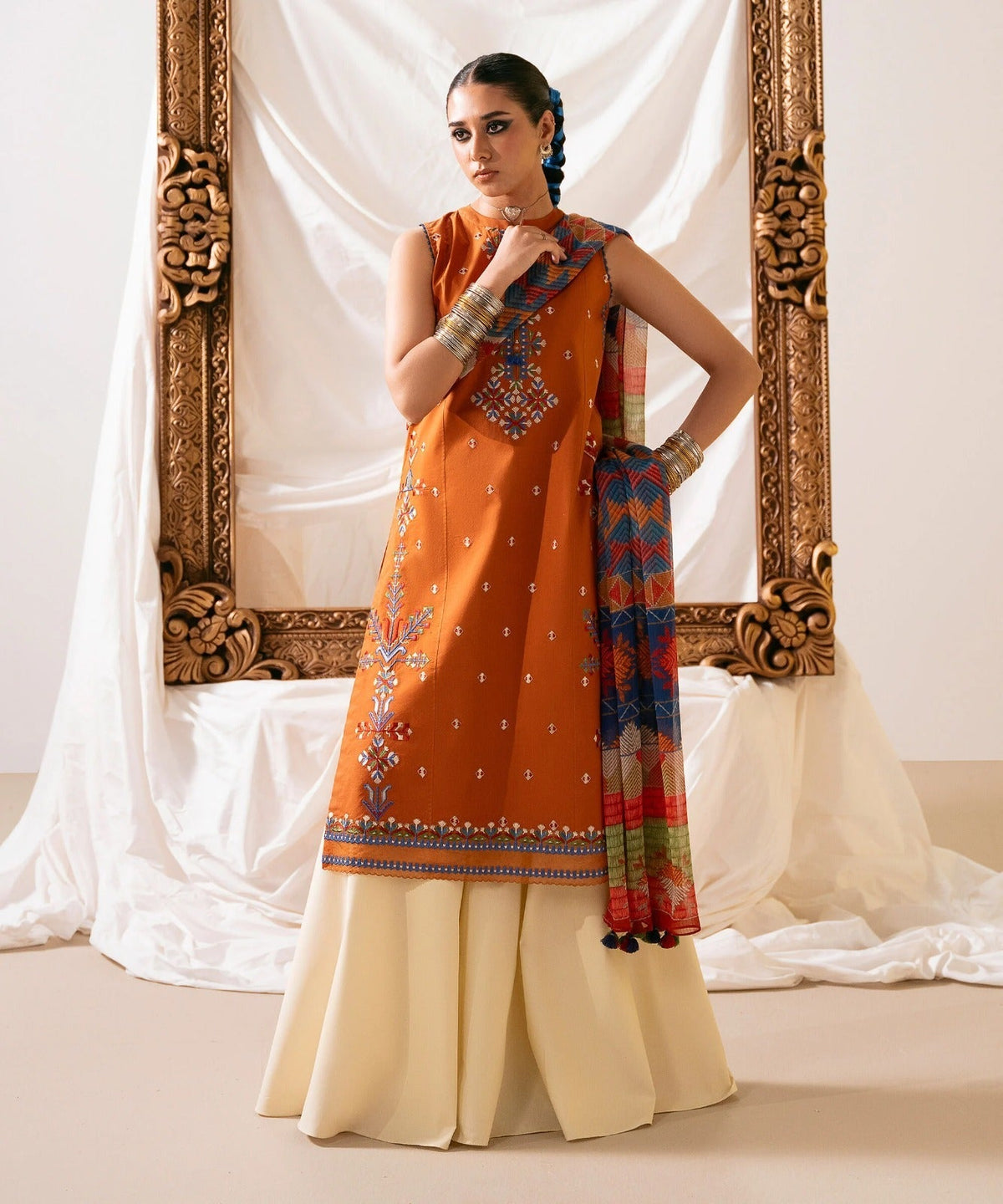 Dhanak-3PC Embroidered Shirt with Digital Printed Shawl -3436