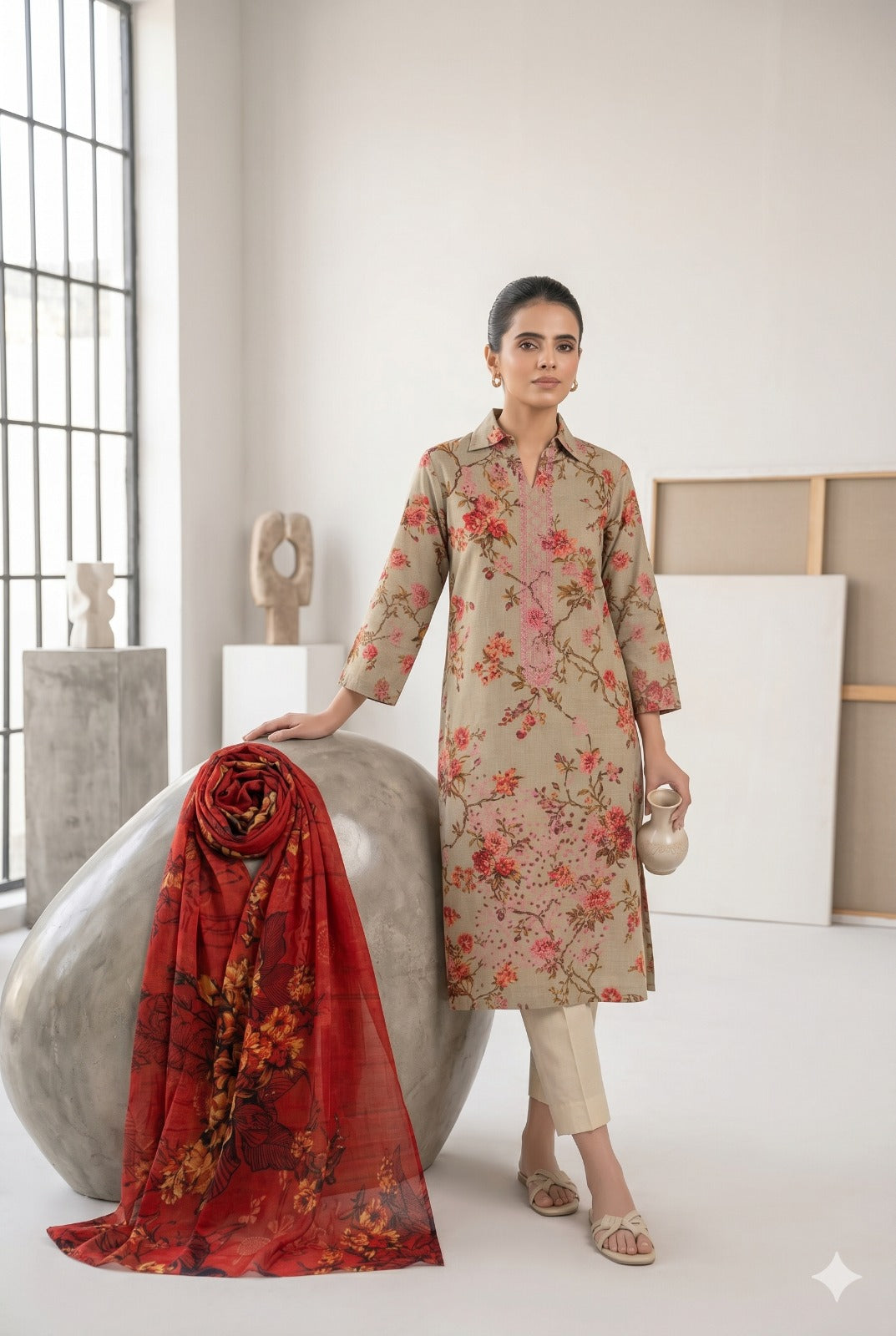 3PC Digital Printed Lawn Collection With Embroided Neck Line And Daman SC-1018