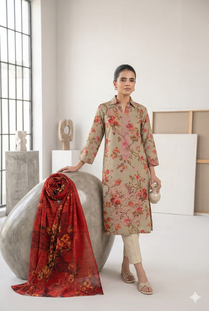 3PC Digital Printed Lawn Collection With Embroided Neck Line And Daman SC-1018