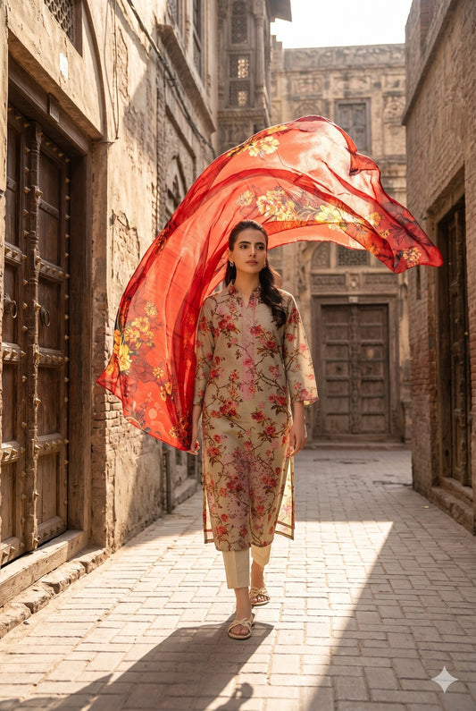 3PC Digital Printed Lawn Collection With Embroided Neck Line And Daman SC-1018