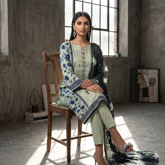 3PC Digital Printed Lawn Collection With Embroided Neck Line And Daman SC-1016