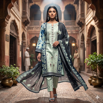 3PC Digital Printed Lawn Collection With Embroided Neck Line And Daman SC-1016