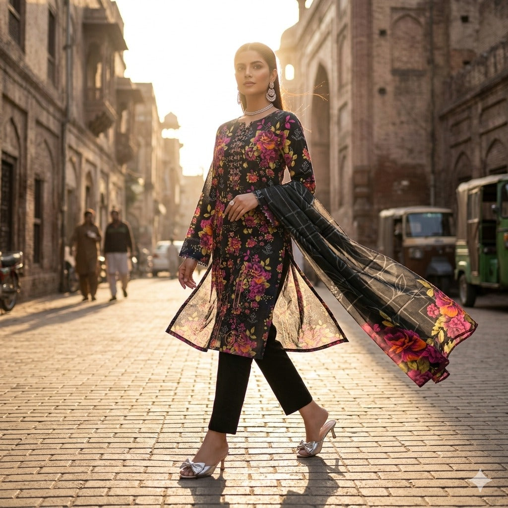 3PC Digital Printed Lawn Collection With Embroided Neck Line And Daman SC-1014