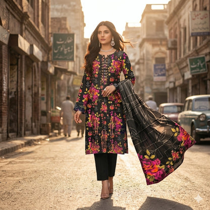 3PC Digital Printed Lawn Collection With Embroided Neck Line And Daman SC-1014