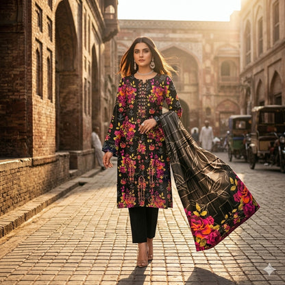 3PC Digital Printed Lawn Collection With Embroided Neck Line And Daman SC-1014