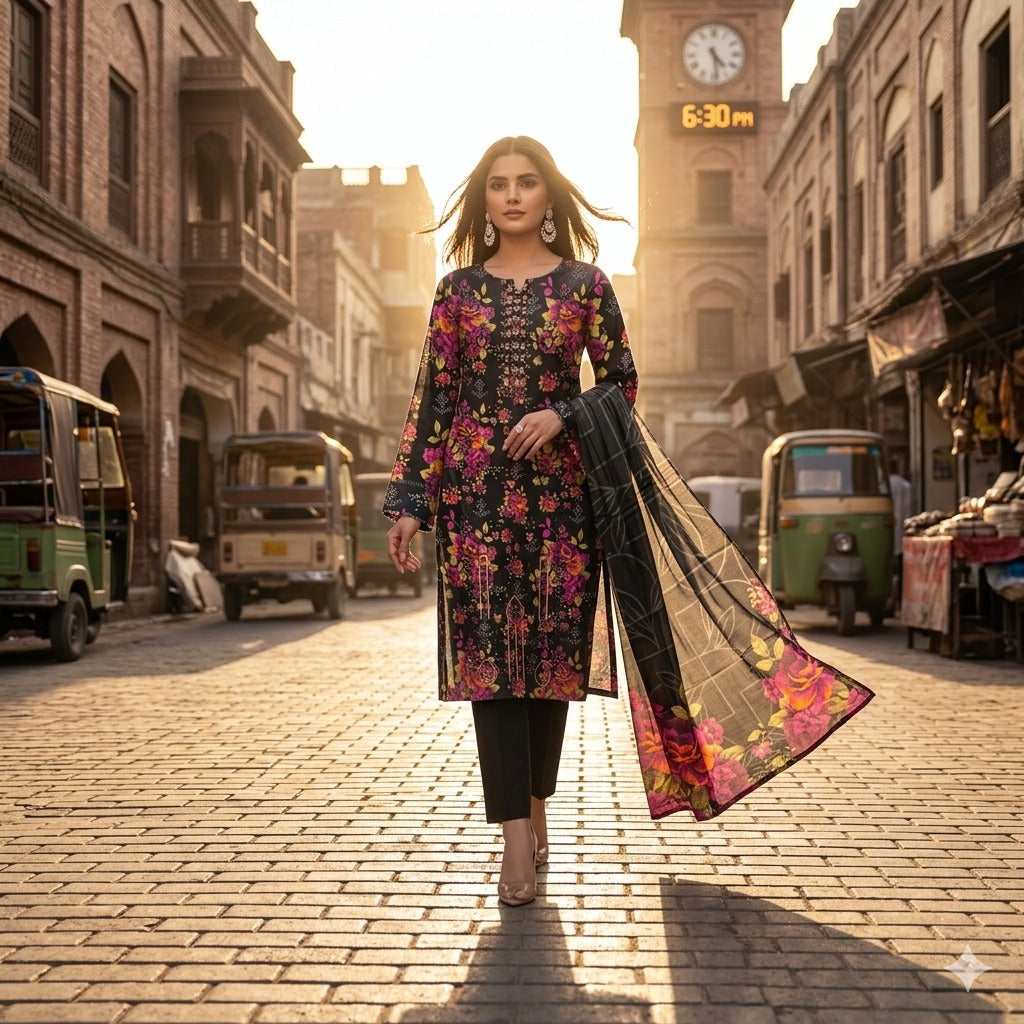 3PC Digital Printed Lawn Collection With Embroided Neck Line And Daman SC-1014