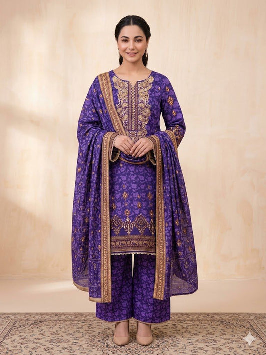3PC Digital Printed Lawn Collection With Embroided Neck Line And Daman SC-1012