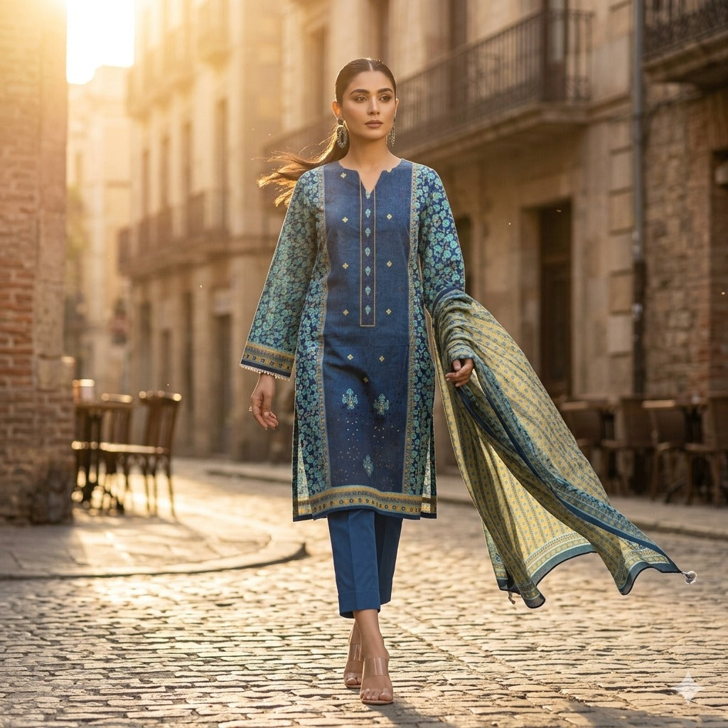 3PC Digital Printed Lawn Collection With Embroided Neck Line And Daman SC-1010