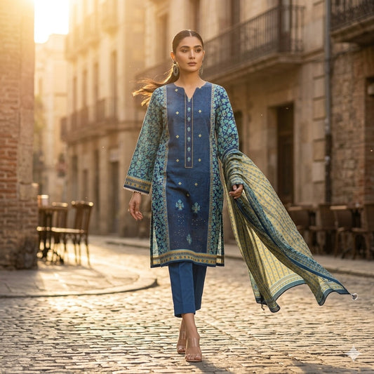 3PC Digital Printed Lawn Collection With Embroided Neck Line And Daman SC-1010