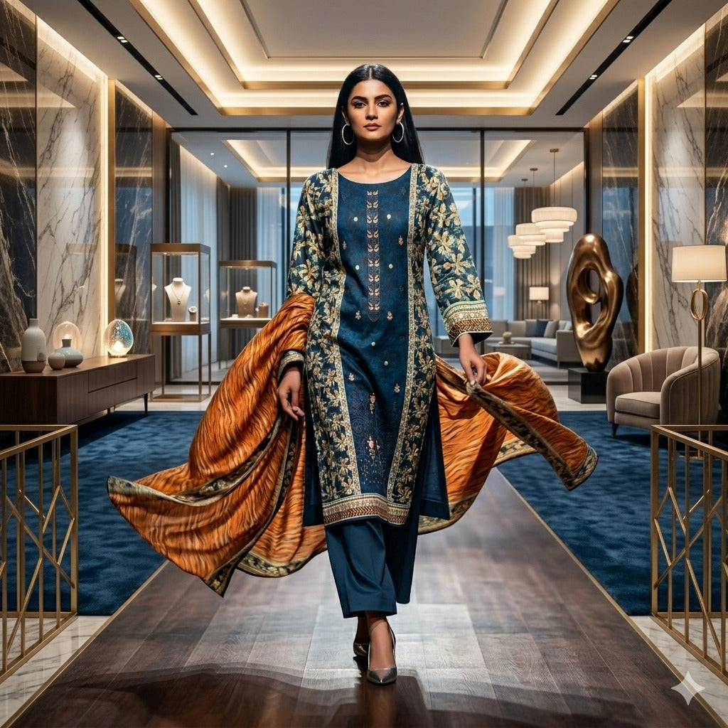3PC Digital Printed Lawn Collection With Embroided Neck Line And Daman SC-1011