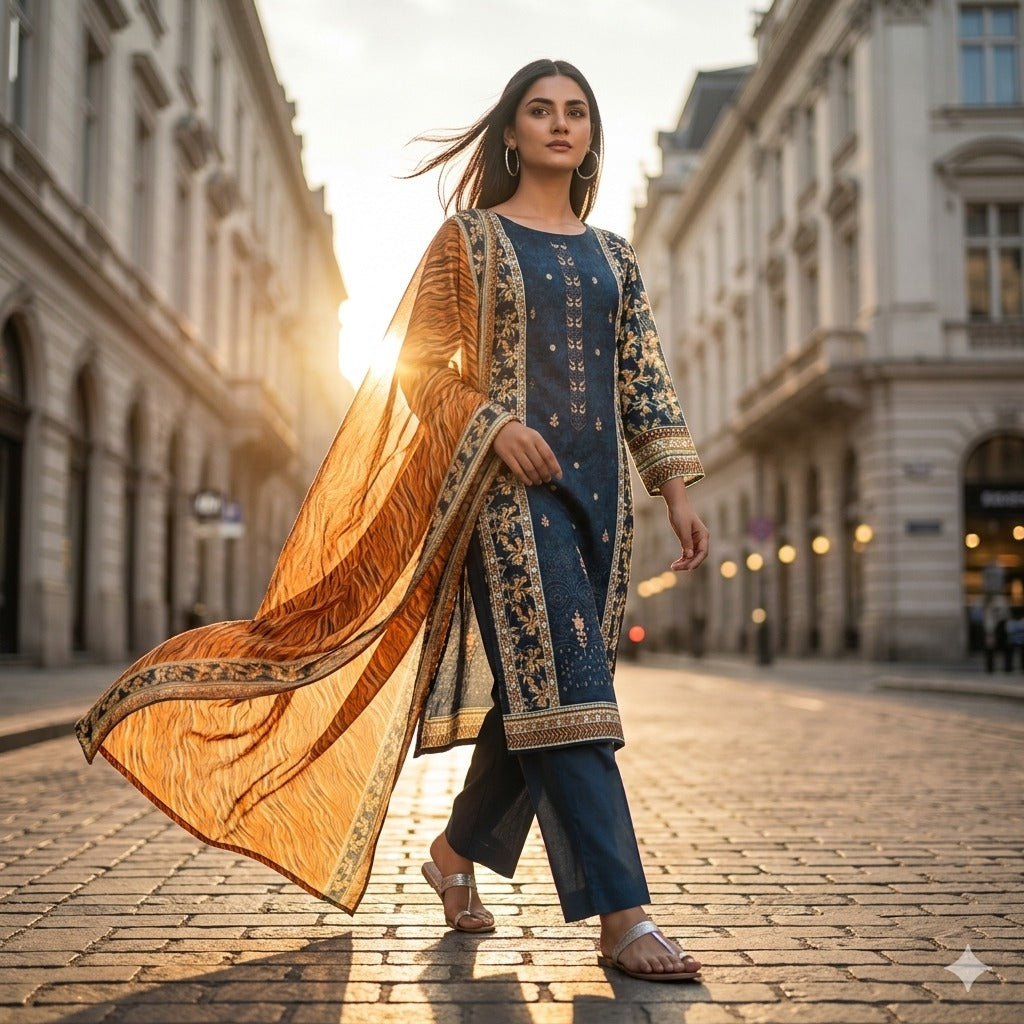3PC Digital Printed Lawn Collection With Embroided Neck Line And Daman SC-1011