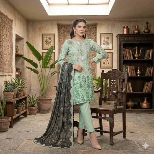 3PC Digital Printed Lawn Collection With Embroided Neck Line And Daman SC-1009