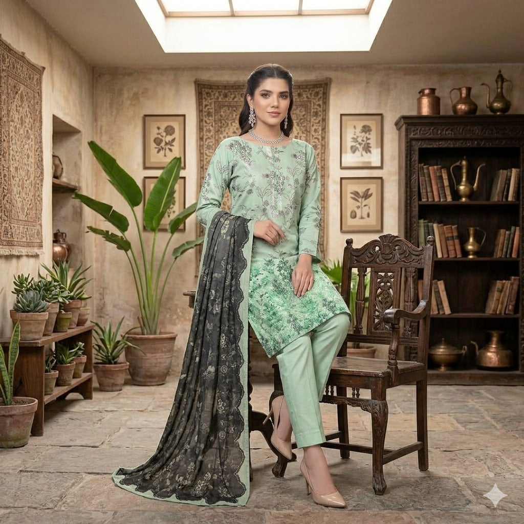 3PC Digital Printed Lawn Collection With Embroided Neck Line And Daman SC-1009