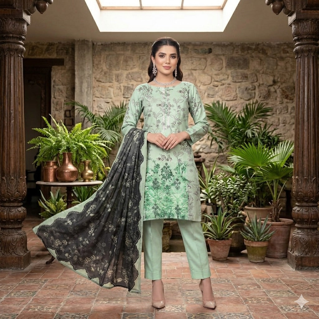 3PC Digital Printed Lawn Collection With Embroided Neck Line And Daman SC-1009
