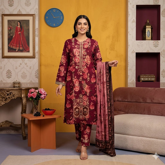 3PC Digital Printed Lawn Collection With Embroided Neck Line And Daman SC-1020