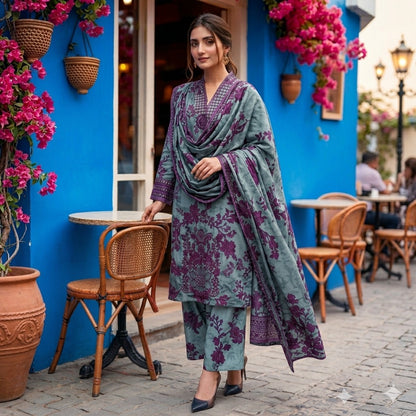 3PC Digital Printed Lawn Collection With Embroided Neck Line And Daman SC-1021