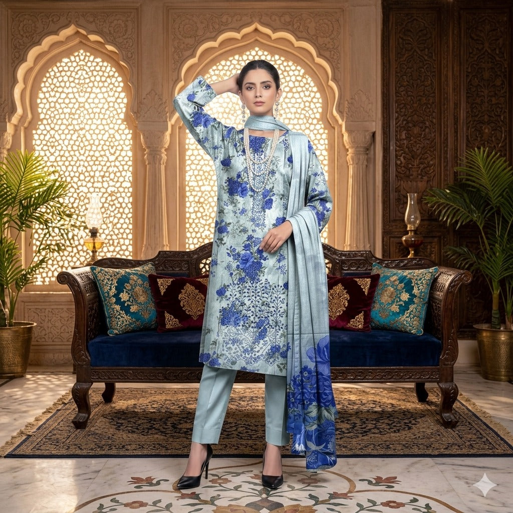 3PC Digital Printed Lawn Collection With Embroided Neck Line And Daman SC-1005