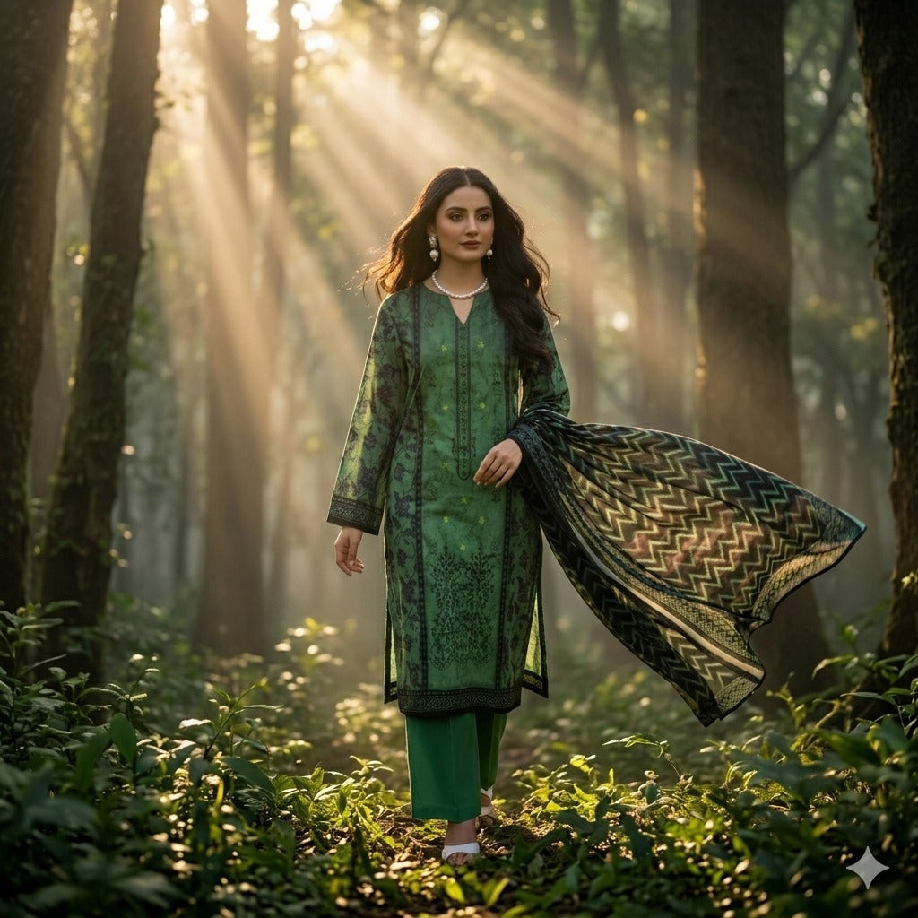 3PC Digital Printed Lawn Collection With Embroided Neck Line And Daman SC-1006