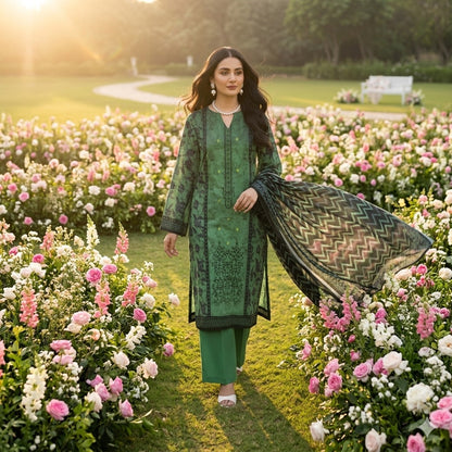 3PC Digital Printed Lawn Collection With Embroided Neck Line And Daman SC-1006