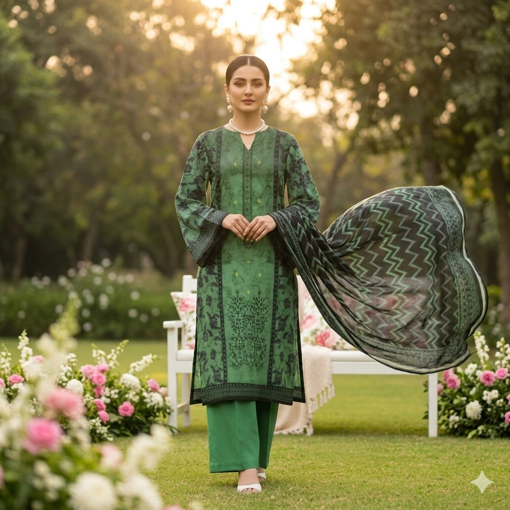 3PC Digital Printed Lawn Collection With Embroided Neck Line And Daman SC-1006