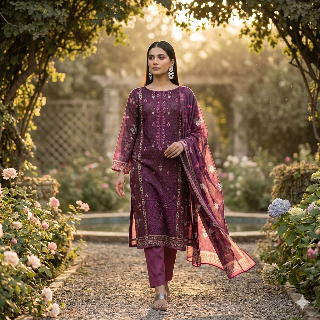 3PC Digital Printed Lawn Collection With Embroided Neck Line And Daman SC-1003