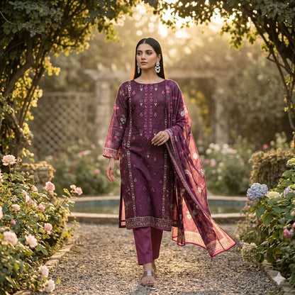 3PC Digital Printed Lawn Collection With Embroided Neck Line And Daman SC-1003