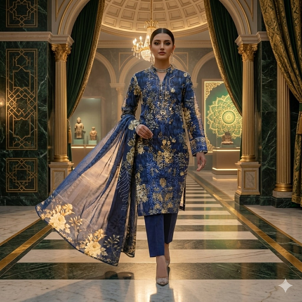 3PC Digital Printed Lawn Collection With Embroided Neck Line And Daman SC-1004