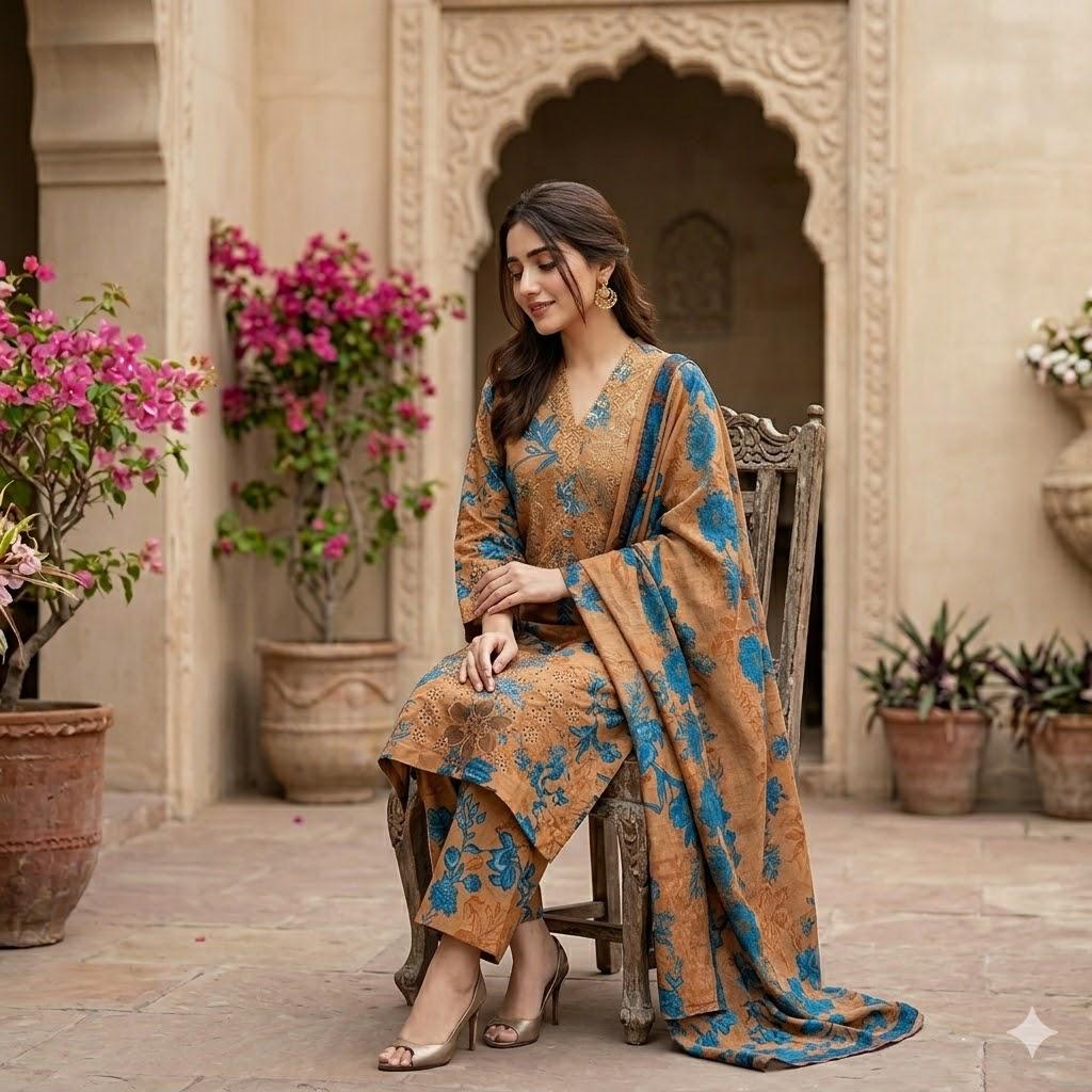 3PC Digital Printed Lawn Collection With Embroided Neck Line And Daman SC-1023