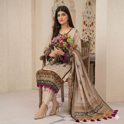 3PC Digital Printed Lawn Collection With Embroided Neck Line And Daman SC-1022