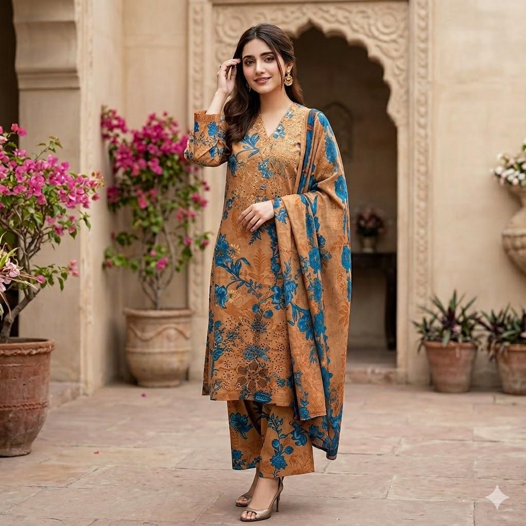 3PC Digital Printed Lawn Collection With Embroided Neck Line And Daman SC-1023