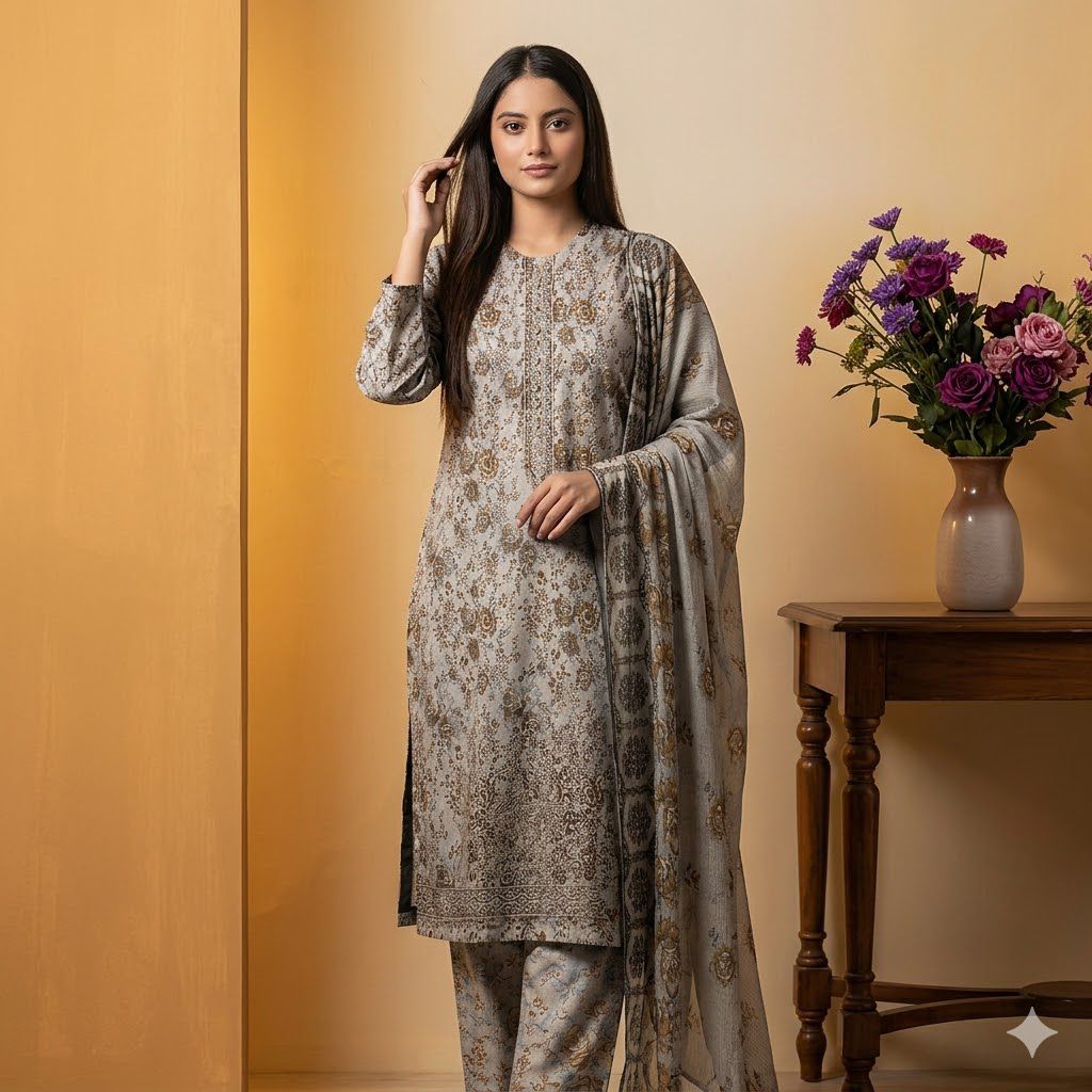 3PC Digital Printed Lawn Collection With Embroided Neck Line And Daman SC-1024