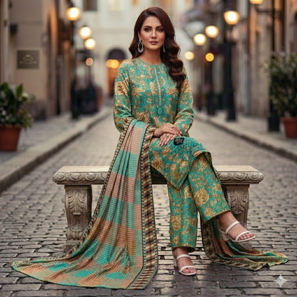 3PC Digital Printed Lawn Collection With Embroided Neck Line And Daman SC-1026