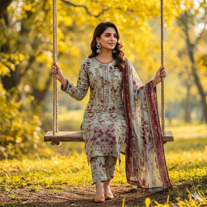 3PC Digital Printed Lawn Collection With Embroided Neck Line And Daman SC-1041
