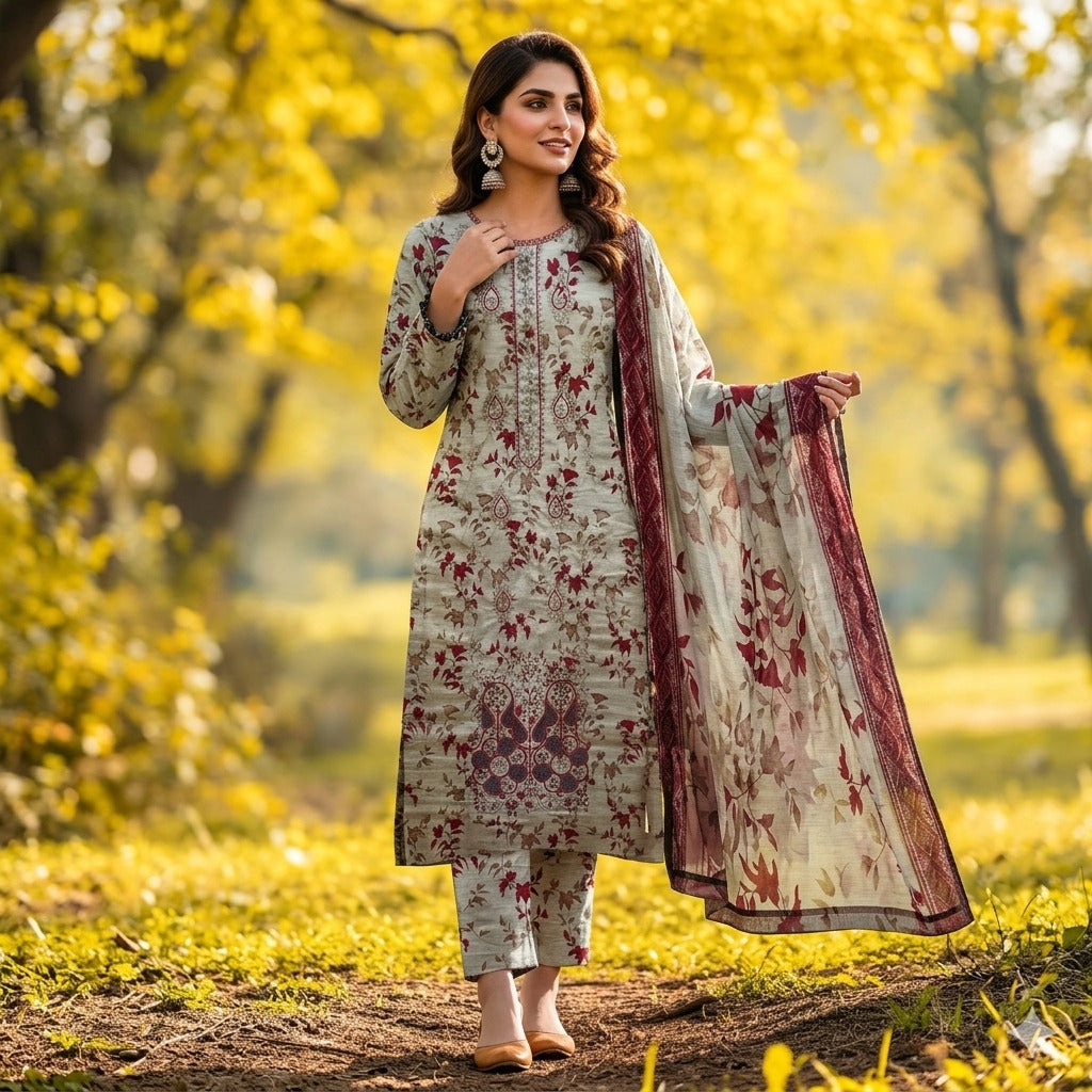 3PC Digital Printed Lawn Collection With Embroided Neck Line And Daman SC-1041