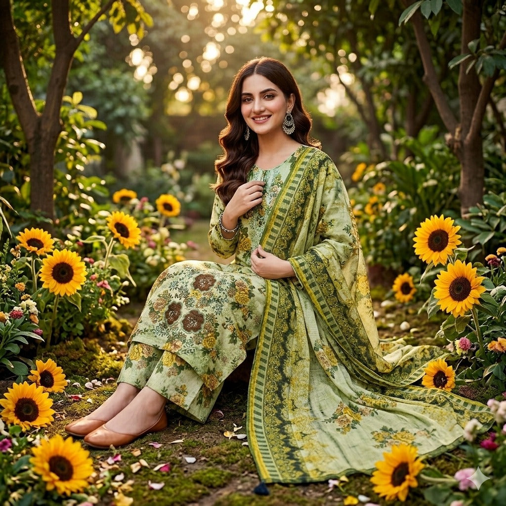 3PC Digital Printed Lawn Collection With Embroided Neck Line And Daman SC-1042