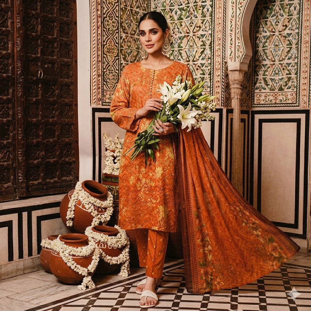 3PC Digital Printed Lawn Collection With Embroided Neck Line And Daman SC-1044