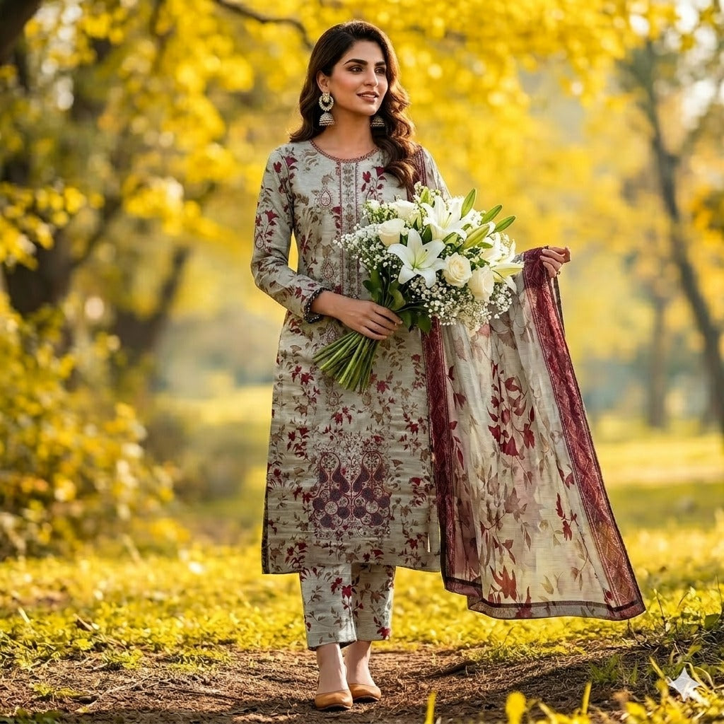 3PC Digital Printed Lawn Collection With Embroided Neck Line And Daman SC-1041