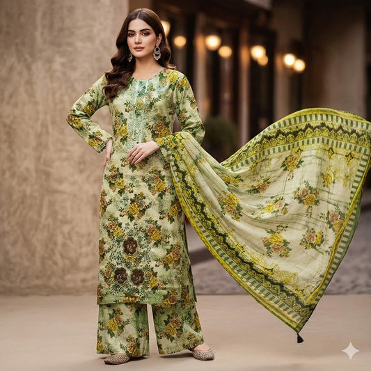 3PC Digital Printed Lawn Collection With Embroided Neck Line And Daman SC-1042