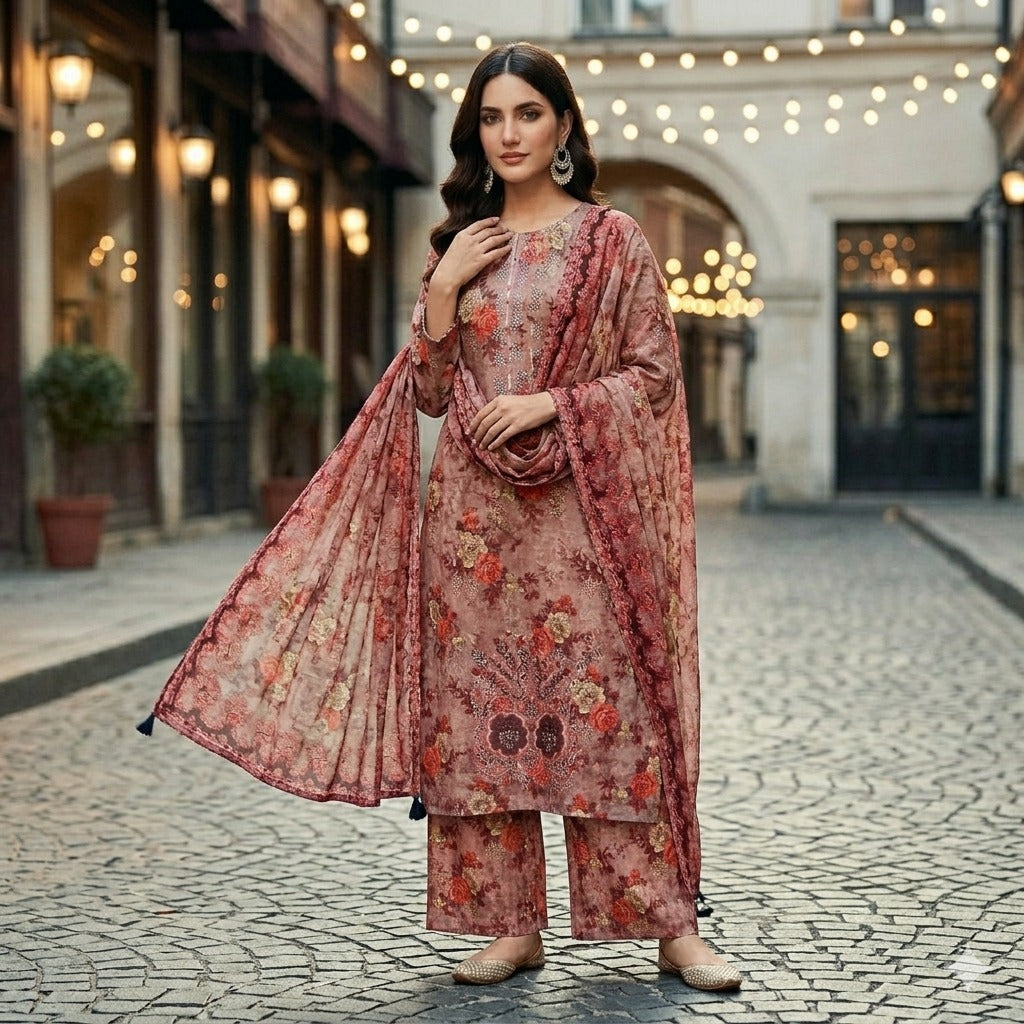 3PC Digital Printed Lawn Collection With Embroided Neck Line And Daman SC-1046
