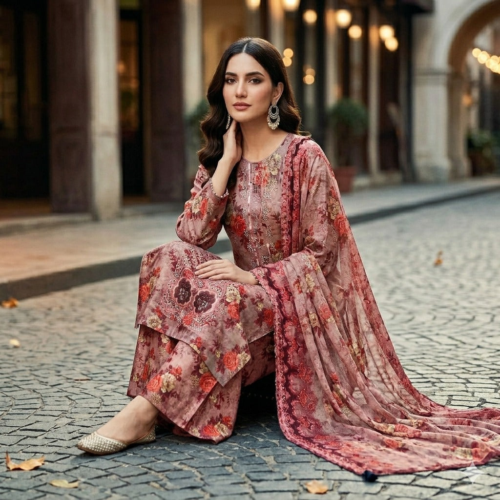 3PC Digital Printed Lawn Collection With Embroided Neck Line And Daman SC-1046