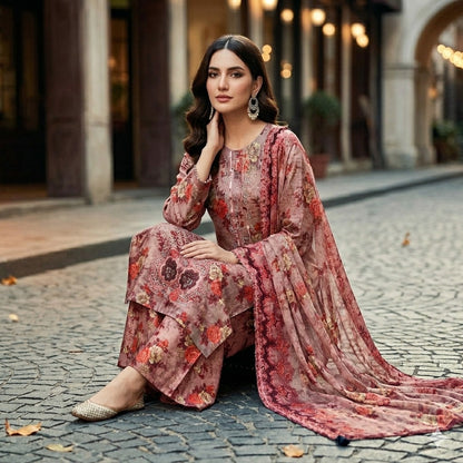 3PC Digital Printed Lawn Collection With Embroided Neck Line And Daman SC-1046
