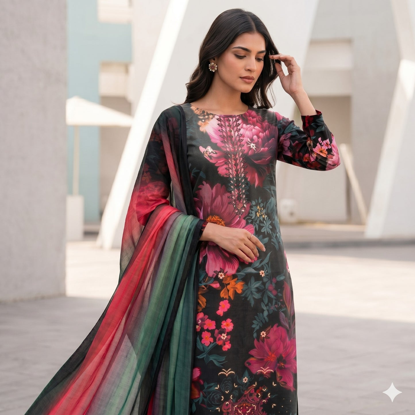 3PC Digital Printed Lawn Collection With Embroided Neck Line And Daman SC-1048