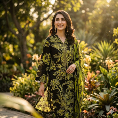 3PC Digital Printed Lawn Collection With Embroided Neck Line And Daman SC-1028