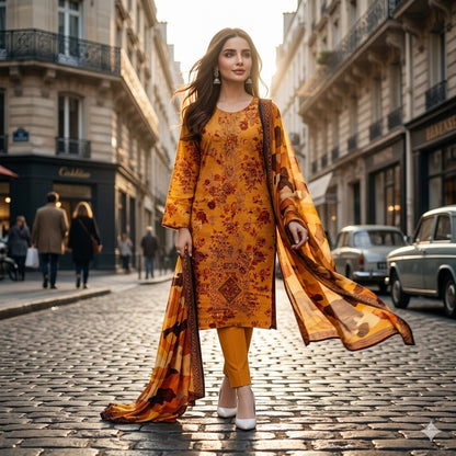 3PC Digital Printed Lawn Collection With Embroided Neck Line And Daman SC-1034