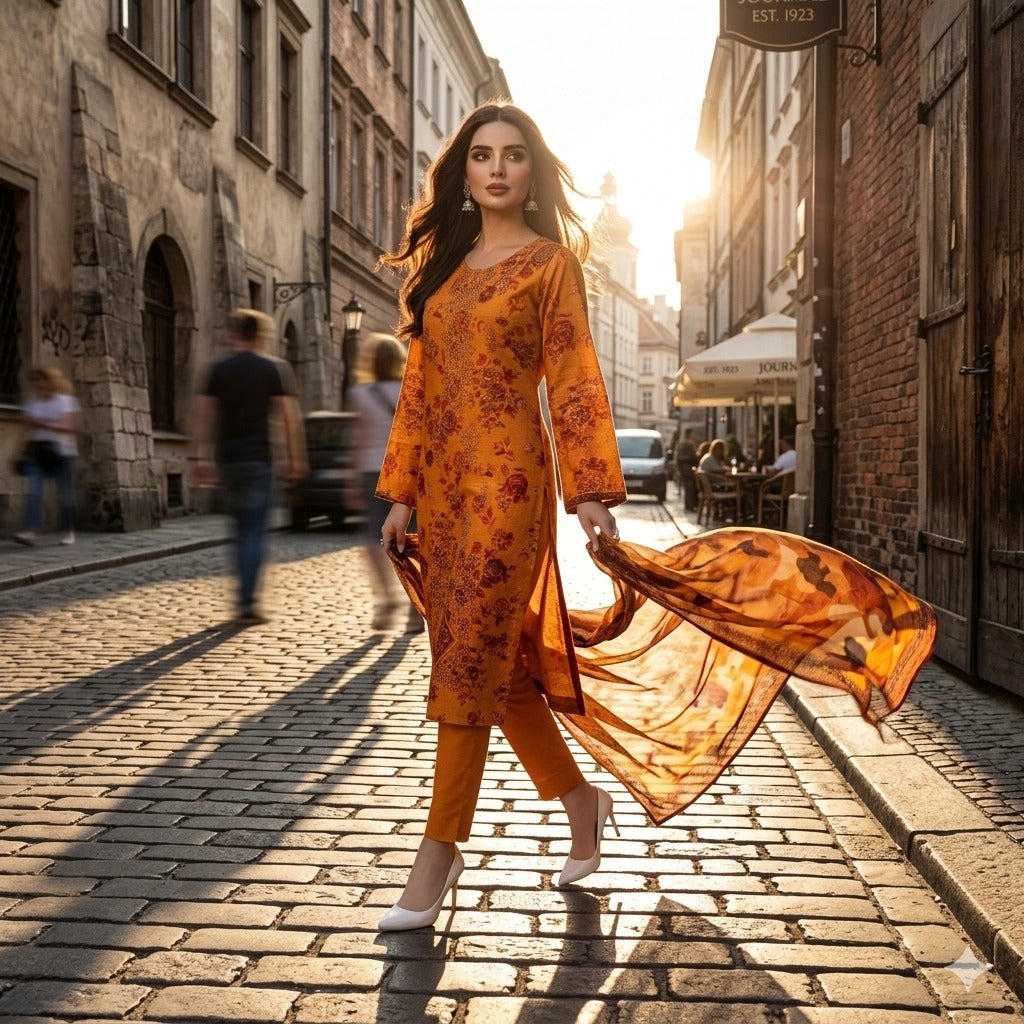 3PC Digital Printed Lawn Collection With Embroided Neck Line And Daman SC-1034