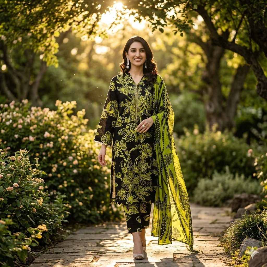 3PC Digital Printed Lawn Collection With Embroided Neck Line And Daman SC-1028