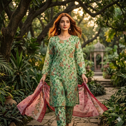 3PC Digital Printed Lawn Collection With Embroided Neck Line And Daman SC-1035