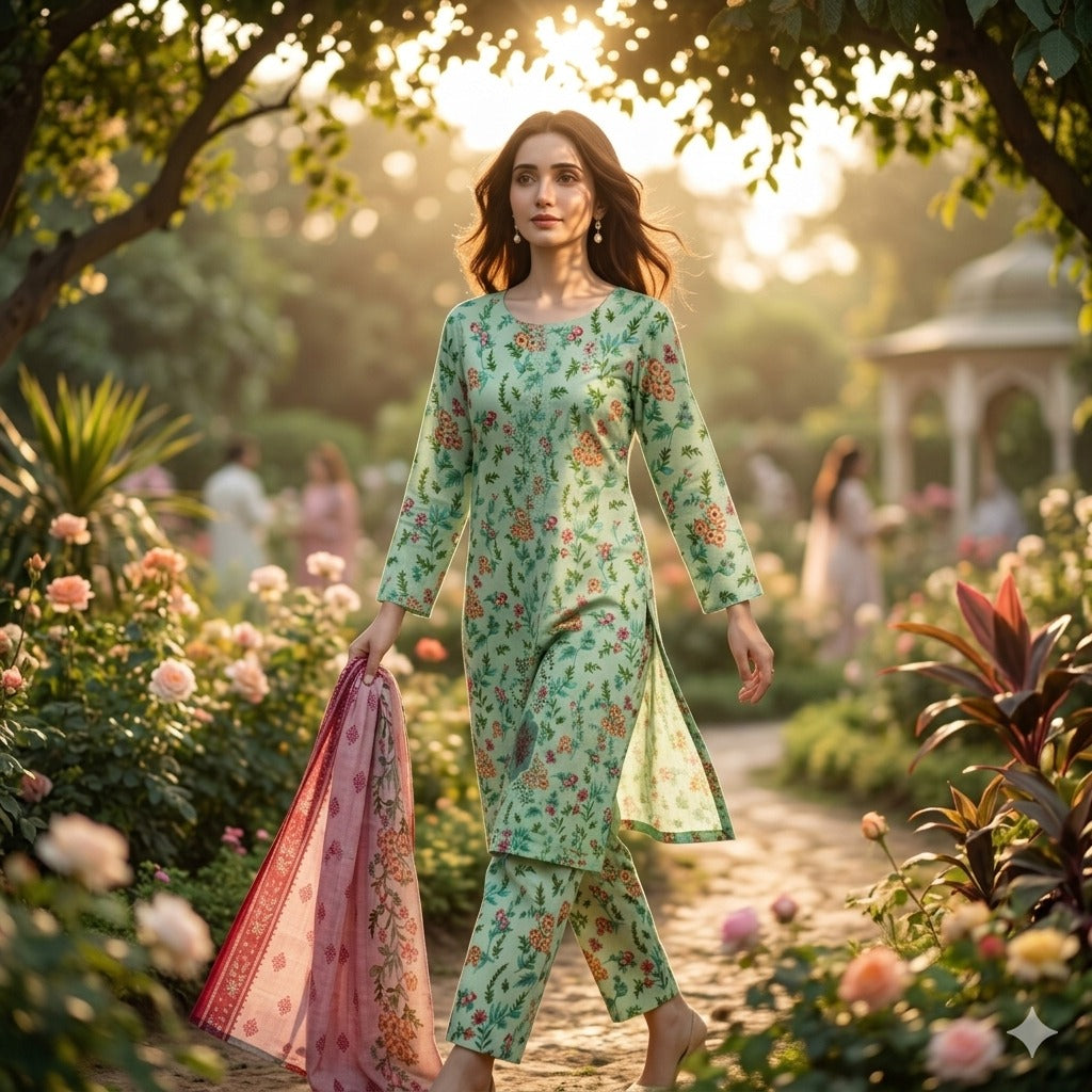3PC Digital Printed Lawn Collection With Embroided Neck Line And Daman SC-1035