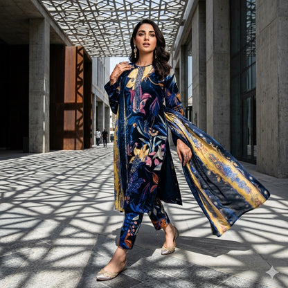 3PC Digital Printed Lawn Collection With Embroided Neck Line And Daman SC-1036