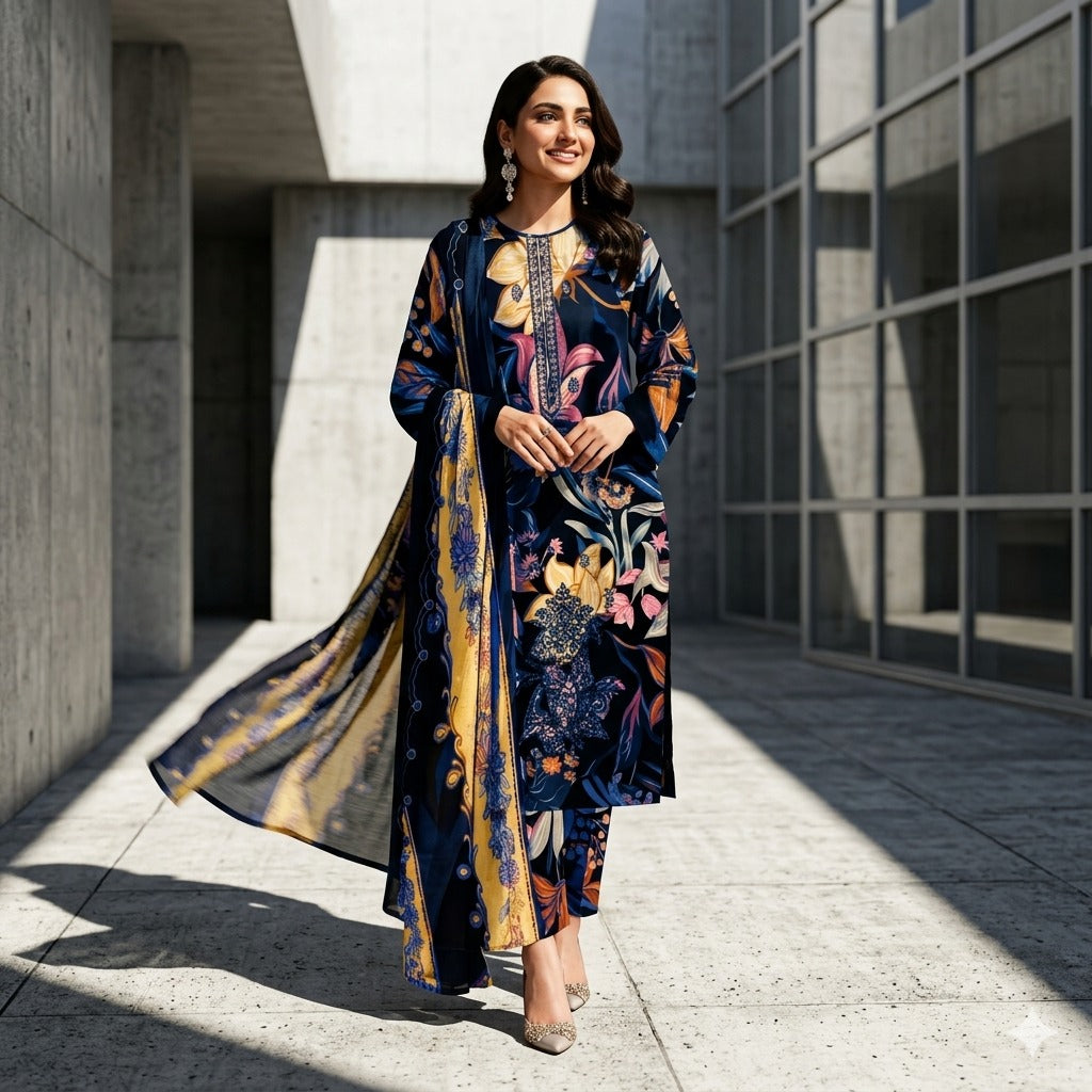 3PC Digital Printed Lawn Collection With Embroided Neck Line And Daman SC-1036